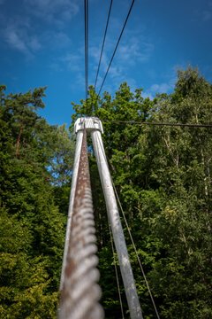 Suspension Bridge Cable Rising Toward a Steel Tower in Forest