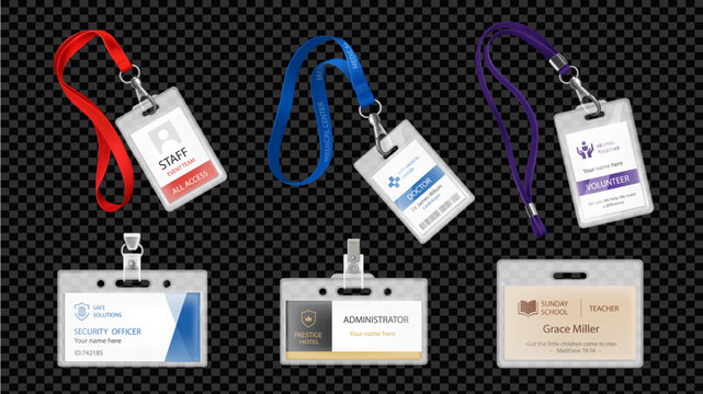 Lanyard badge elements set design. Collection with identification passes on strings, ID card templates for staff, doctor, volunteer, security officer, administrator or teacher. Vector illustration.