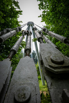 Low Angle View of Suspension Bridge Cables and Steel Tension Rods