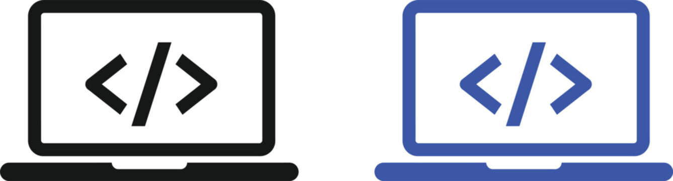 Laptop computer icons with coding brackets for software development and programming concepts.
