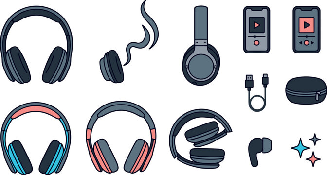 Wireless Over Ear Headphones and Audio Device Icon Set with Folding Headsets Earbuds Music Player Apps Charging Cable and Travel Case Vectors