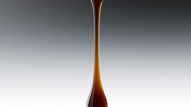 Dark amber viscous liquid droplet stretches downward from narrow vertical stream, elongating into glossy teardrop before thinning into fine strand against gray gradient background