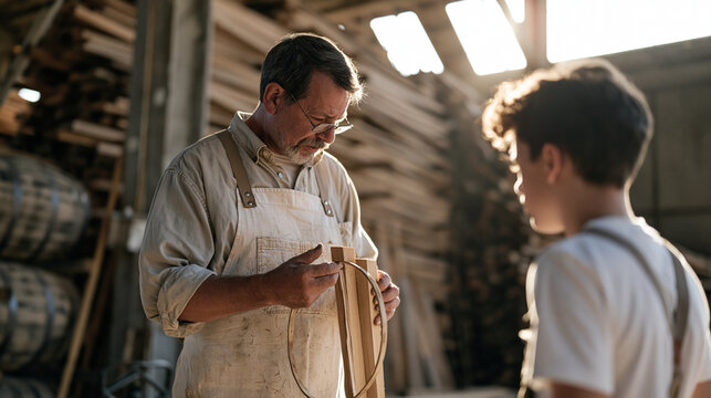 Veteran barrel cooper and young apprentice inside a dim industrial cooperage, oak staves stacked high, the elder craftsman holding a hoop at sunrise as amber morning light streams