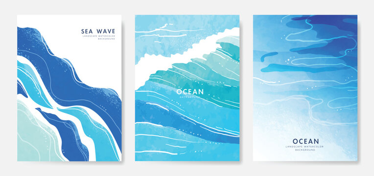 Japanese sea wave Card set vector. Poster design with watercolor blue ocean wave pattern backdrop. Modern illustration for cover, banner, website, decor, interior.
