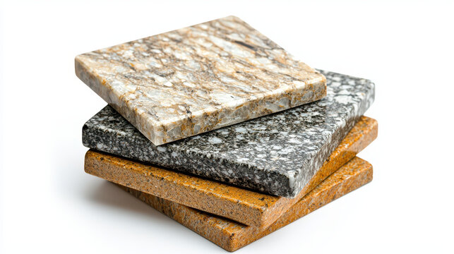 Granite tiles various colors stacked together, showcasing unique patterns and textures. These durable surfaces are ideal for countertops