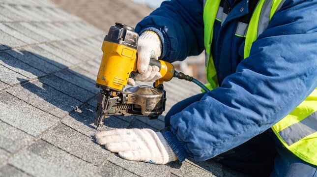 Worker's hands using a powerful nail gun to secure grey asphalt shingles during a roof construction or repair project
