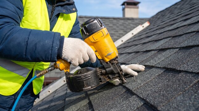 Professional Construction Worker Using Pneumatic Nail Gun for Residential Asphalt Shingle Roofing Installation Work