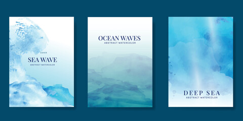 Fototapeta premium Japanese sea wave Card set vector. Poster design with watercolor blue ocean wave pattern backdrop. Modern illustration for cover, banner, website, decor, interior.