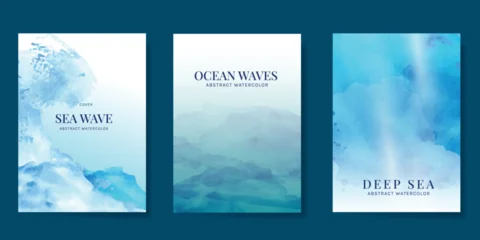 Fototapete Sportgeschäft Japanese sea wave Card set vector. Poster design with watercolor blue ocean wave pattern backdrop. Modern illustration for cover, banner, website, decor, interior.  © babeer