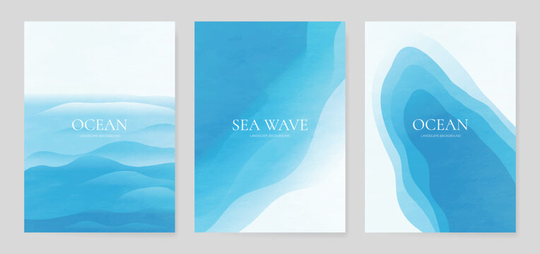 Japanese sea wave Card set vector. Poster design with watercolor blue ocean wave pattern backdrop. Modern illustration for cover, banner, website, decor, interior.