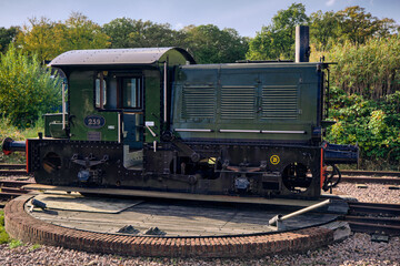 Heritage tourism and railway history vintage diesel locomotive on a turntable at Museumstoomtrein Haaksbergen-Boekelo Netherlands © VeugerStock