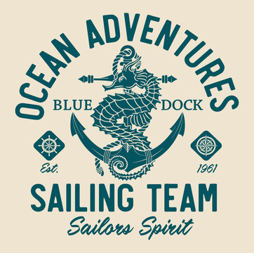 Seahorse with anchor ocean adventure sailor spirit vintage vector print for boy kid marine wear t shirt sweatshirt
