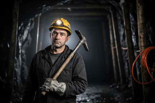 A coal miner wearing a yellow hard hat with a headlamp stands in a dark mining tunnel, holding a pickaxe over his shoulder, looking ahead