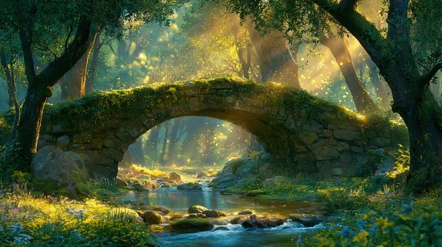 Sun-drenched enchanted forest glade featuring ancient arched bridge over crystal stream. lush wildflowers in foreground. crisp sharp focus