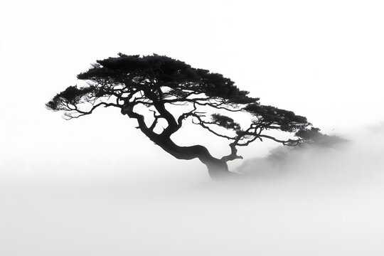 High-key minimalist landscape of a single Korean pine tree in white fog