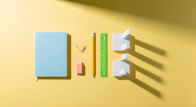 Minimalist flat lay stationery set celebrating teachers day with notebook pencil ruler and eraser on yellow background
