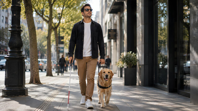 Man with White Cane and Guide Dog Walking in City