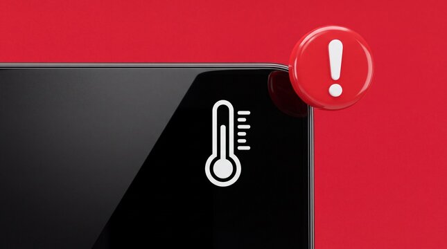 Digital temperature warning icon on a tablet screen against a red