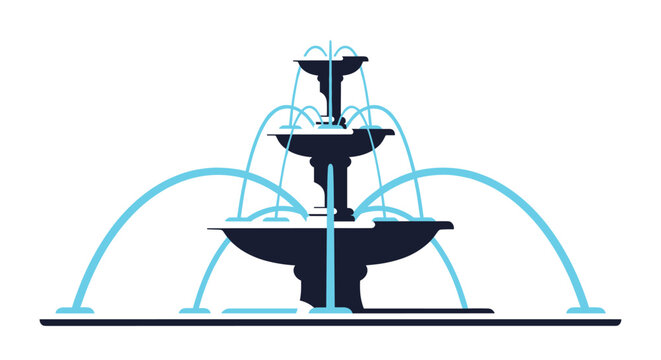 Silhouette of a classic three tiered decorative water fountain with multiple streams of blue water spraying into a pool.