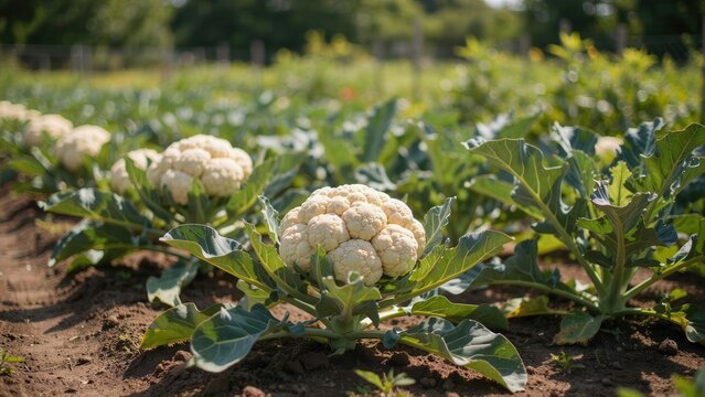 Fresh organic cauliflower heads growing in rows on a sunny farm field. Perfect for healthy eating and sustainable agriculture conceptual projects.