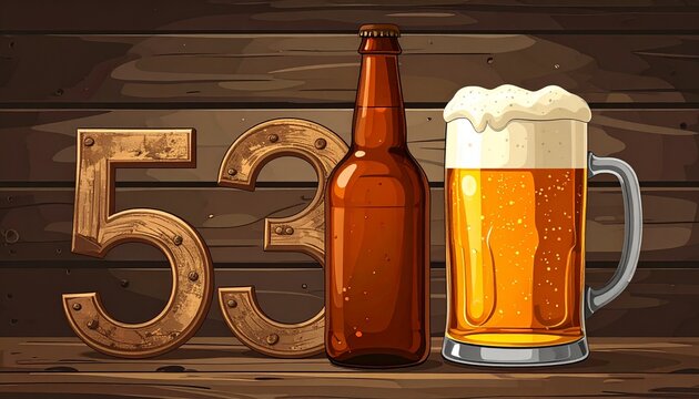Rustic Beer Glass and Bottle with Number 53 &ndash; Birthday and Anniversary Illustration