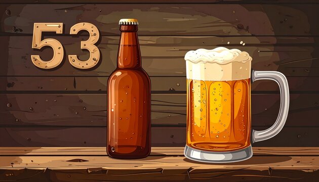 Rustic Beer Glass and Bottle with Number 53 &ndash; Birthday and Anniversary Illustration