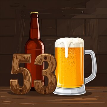 Rustic Beer Glass and Bottle with Number 53 &ndash; Birthday and Anniversary Illustration