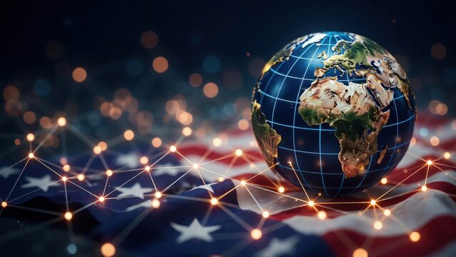 A glowing globe rests on an American flag with digital network connections. Ideal for global politics, international relations, and US foreign policy concepts.