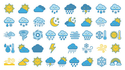 Fototapeta premium Vector Cute weather icons collection with sun rain snow and wind. EPS Editable