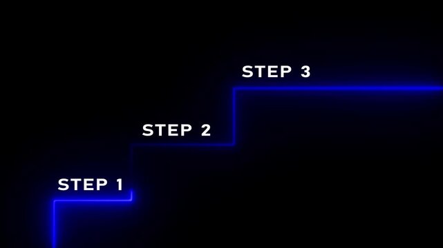 Step by step - Performance and Improvement Concept. Step 1, Step 2, Step Step 3 on dark Background.
