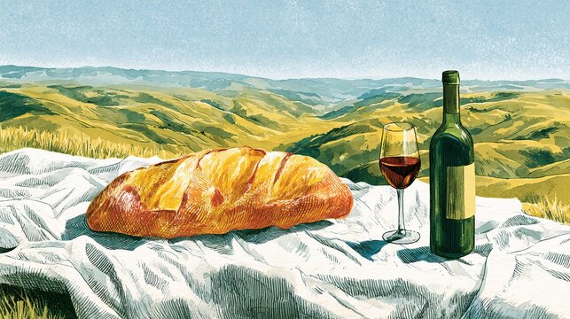 Detailed watercolor illustration of picnic blanket with loaf of bread and wine. set against backdrop of endless rolling hills. high-key lighting