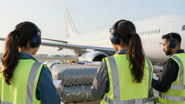 Ground crew in safety vest and headphone gear inspect cargo by a commercial airplane. Logistics staff work on the airport tarmac during a sunny day