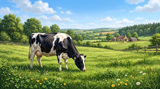 Holstein cow grazing in a serene rural countryside landscape with green rolling hills and farm buildings