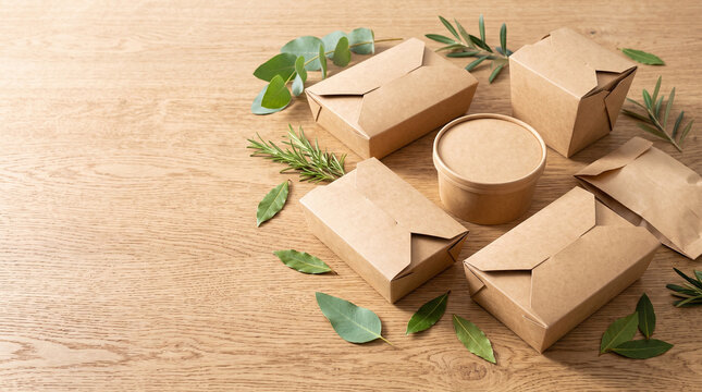 Blank eco-friendly food packaging made from recycled cardboard. Sustainable zero waste lifestyle and natural mockup concept.