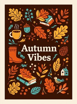 Autumn vibes poster with seasonal icons on dark brown background