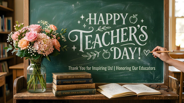 Happy teacher's day card with flowers and books on desk