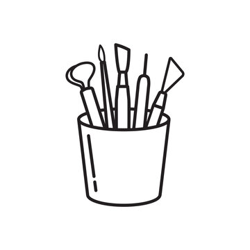 Line art icon showing a cup holding various pottery loop tools and carving brushes.