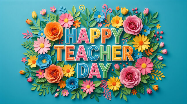 Happy teacher day colorful message with flowers and greeting