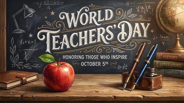 World teachers day chalkboard with apple and school supplies