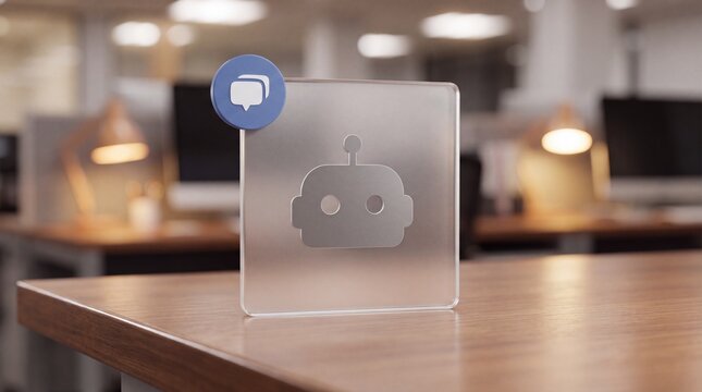 Frosted glass card featuring a robot icon standing on an office desk