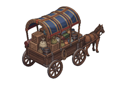 A detailed isometric illustration of a horse drawn wooden cargo wagon.