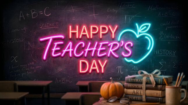 Neon happy teacher's day sign with glowing apple and books on desk