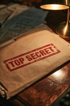 Top secret document folder on a desk under lamp light