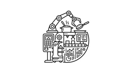 Naklejka premium Robotic automation line features mechanical arms and cooking pots in a detailed vector illustration.