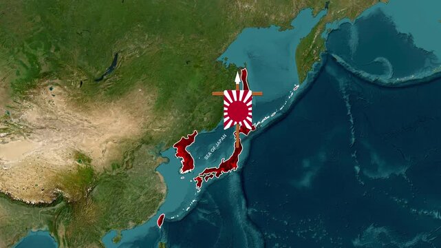 Empire of Japan Historical Map Animation Showing Rising Sun Flag Banner