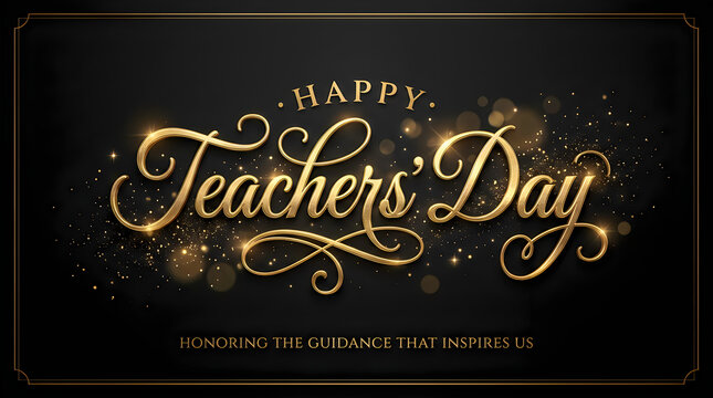 Happy teachers day greeting card with golden text and floral design