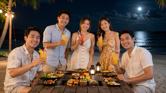 Asian Adult Friends Celebrating with Tropical Drinks at Beach Picnic at Night