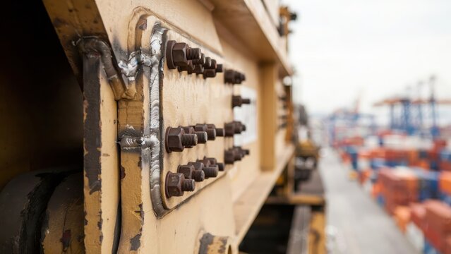 Close-up of heavy duty metal bolts on a crane at a container terminal. Industrial machinery maintenance concept for global logistics and shipping industry.