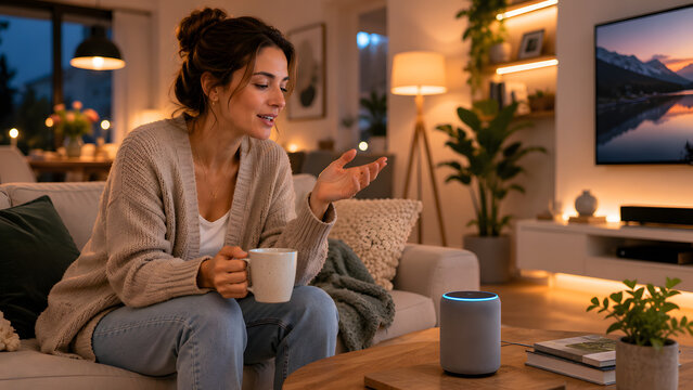 Woman Controlling Smart Home Lighting with Voice Assistant