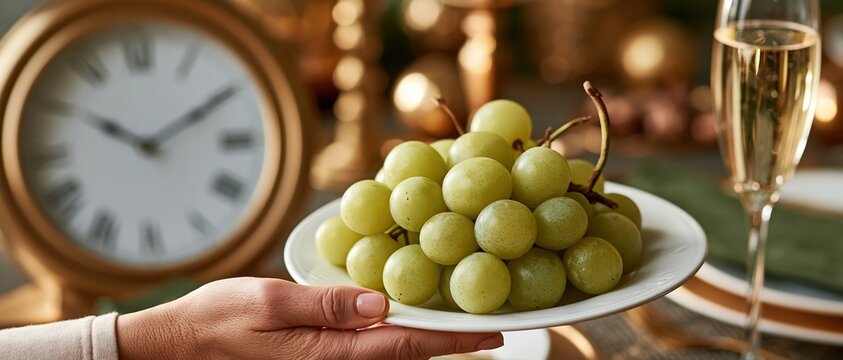 Hand holding twelve green grapes on white plate beside champagne flute and golden clock evoking the Spanish New Year midnight ritual of luck, celebration, and fresh beginnings.